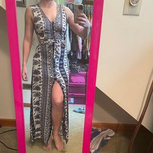 Earthbound Maxi Dress Blue Willow Button Down Tie to Cinch Waist Open Bck Size S